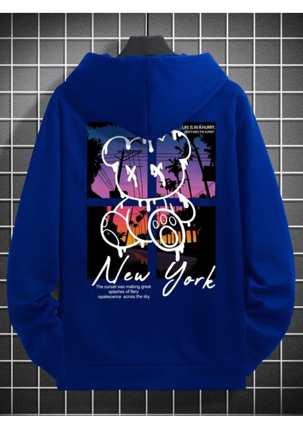 Sax Mavi New York Ayı Baskılı Oversize Erkek Sweatshirt