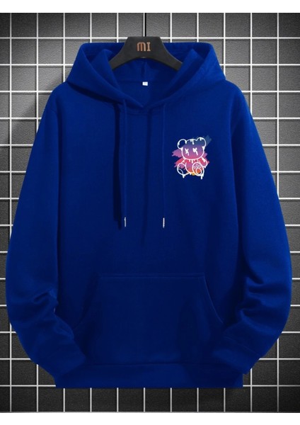 Sax Mavi New York Ayı Baskılı Oversize Erkek Sweatshirt