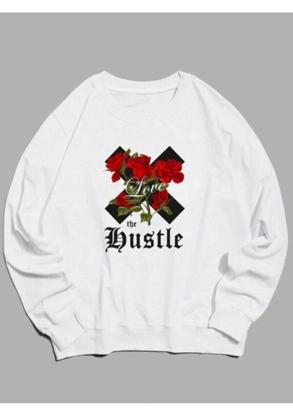 The Hustle Gül Baskılı Beyaz Oversize Bisiklet Yaka Sweatshirt