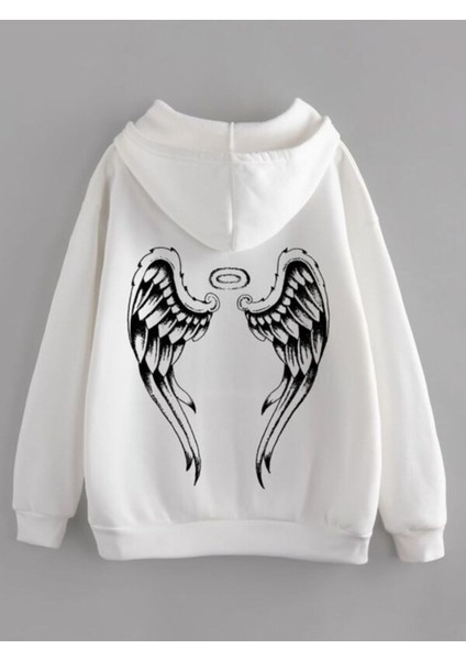 Melek Kanadı Baskılı Beyaz Oversize Kapüşonlu Sweatshirt