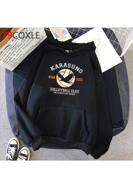 Erkek Siyah Karasuno Baskılı Oversize Kapüşonlu Sweatshirt