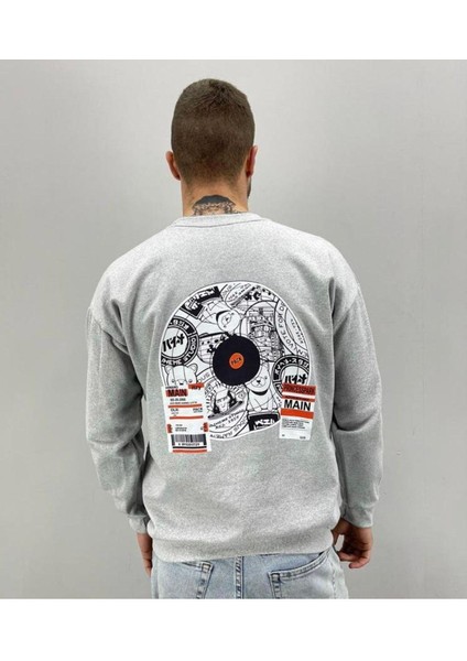 Erkek Gri Graphıc Baskılı Oversize Bisiklet Yaka Sweatshirt