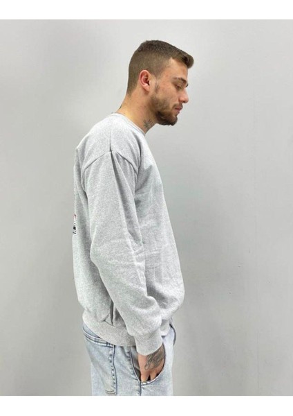 Erkek Gri Graphıc Baskılı Oversize Bisiklet Yaka Sweatshirt