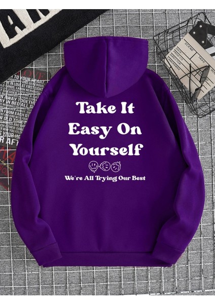 Mor Take It Baskılı Oversize Kapüşonlu Erkek Sweatshirt