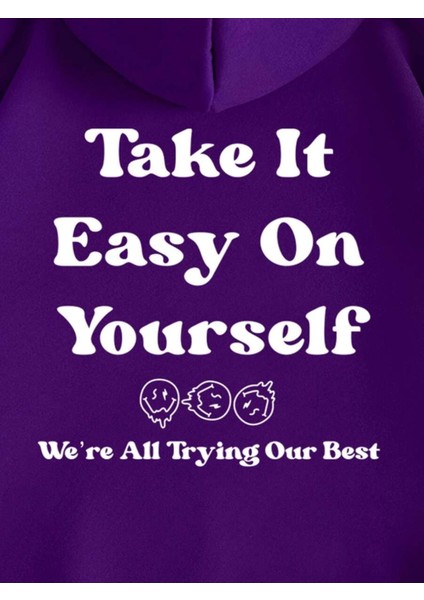 Mor Take It Baskılı Oversize Kapüşonlu Erkek Sweatshirt