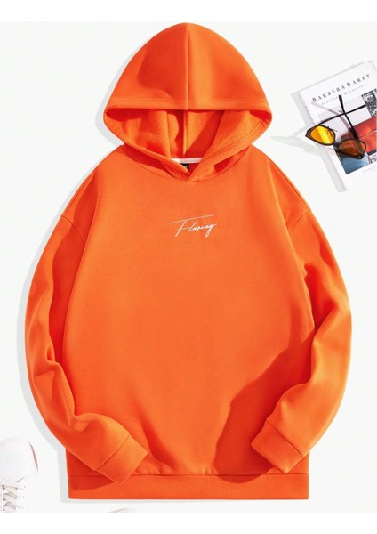 Turuncu Flaring Baskılı Oversize Kapüşonlu Erkek Sweatshirt