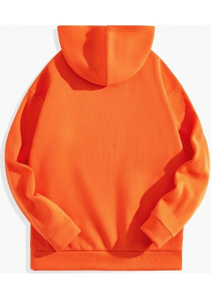 Turuncu Flaring Baskılı Oversize Kapüşonlu Erkek Sweatshirt