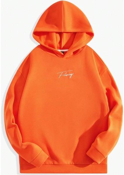 Turuncu Flaring Baskılı Oversize Kapüşonlu Erkek Sweatshirt
