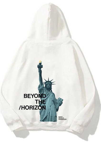 Unisex Beyaz Beyond Baskıl Oversize Kapüşonlu Sweatshirt