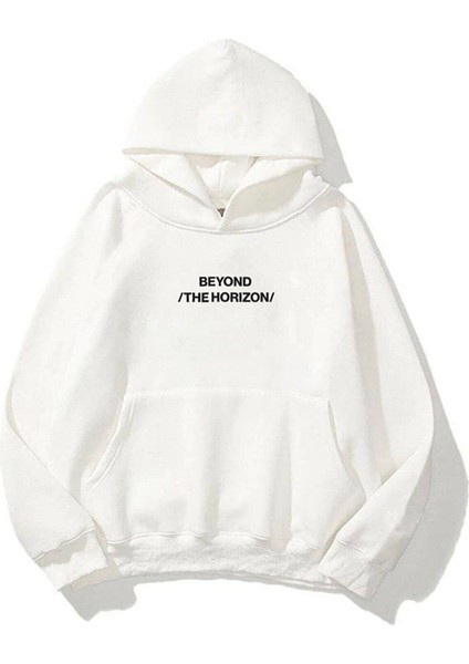 Unisex Beyaz Beyond Baskıl Oversize Kapüşonlu Sweatshirt