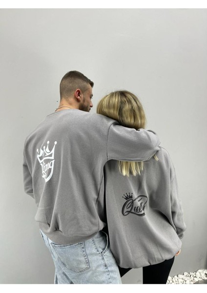 Unisex Gri Oueen Baskılı Bisiklet Yaka Sevgili Çift Kombini 2'li Set