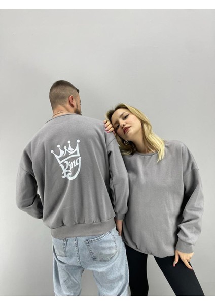 Unisex Gri Oueen Baskılı Bisiklet Yaka Sevgili Çift Kombini 2'li Set modelleri