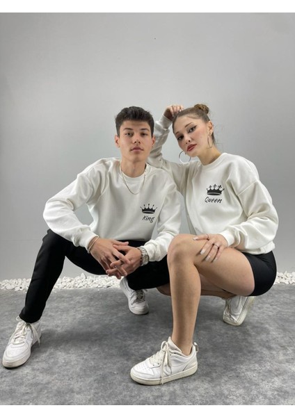 Unisex Beyaz King Baskılı Bisiklet Yaka Sevgili Çift Kombini 2'li Set