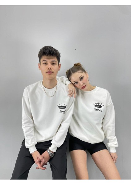 Unisex Beyaz King Baskılı Bisiklet Yaka Sevgili Çift Kombini 2'li Set fiyatları