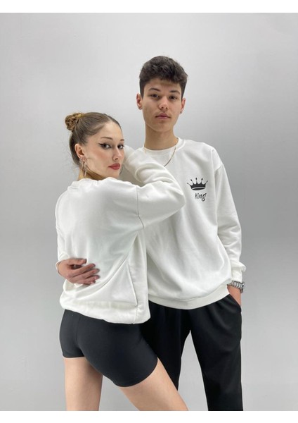 Unisex Beyaz King Baskılı Bisiklet Yaka Sevgili Çift Kombini 2'li Set modelleri