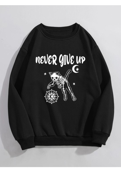 Unisex Siyah Never Gıve Up Baskılı Kapüşonlu Oversize Sweatshirt