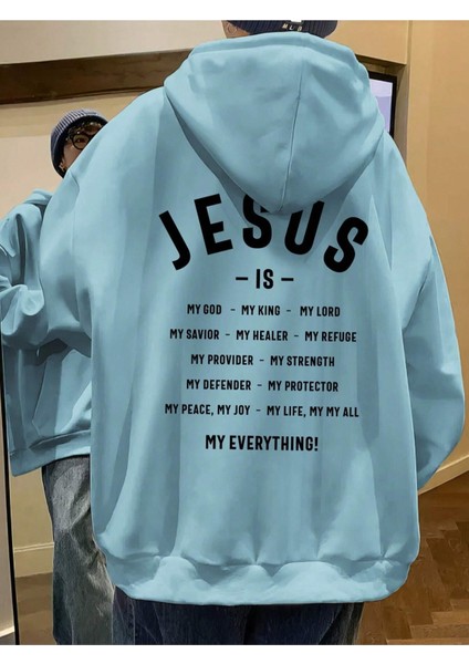 Bebe Mavi Jesus Is Baskılı Oversize Erkek Sweatshirt