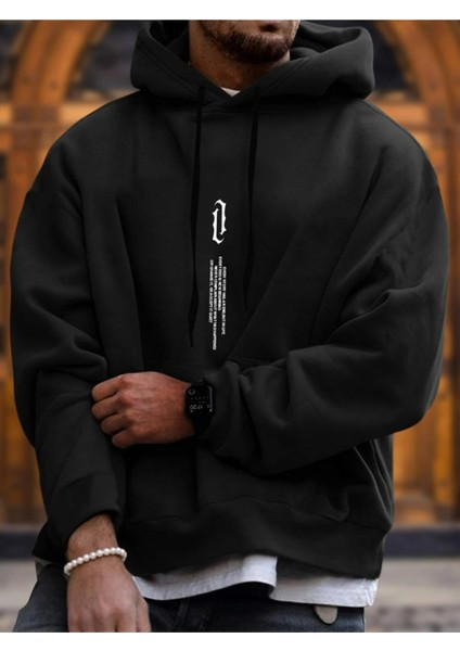 Siyah Dikey Baskılı Oversize Kapüşonlu Erkek Sweatshirt