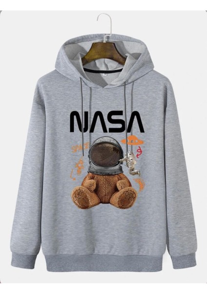 Unisex Gri Ayıcıklı Nasa Baskılı Sweatshirt