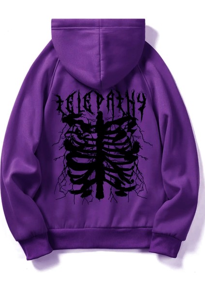Mor Telepathy Baskılı Oversize Kapüşonlu Erkek Sweatshirt
