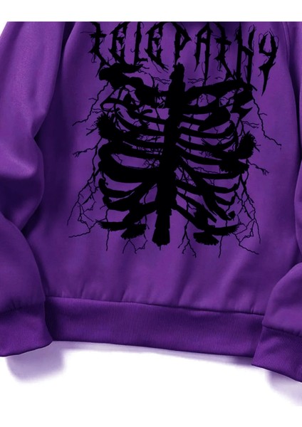 Mor Telepathy Baskılı Oversize Kapüşonlu Erkek Sweatshirt