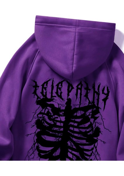 Mor Telepathy Baskılı Oversize Kapüşonlu Erkek Sweatshirt