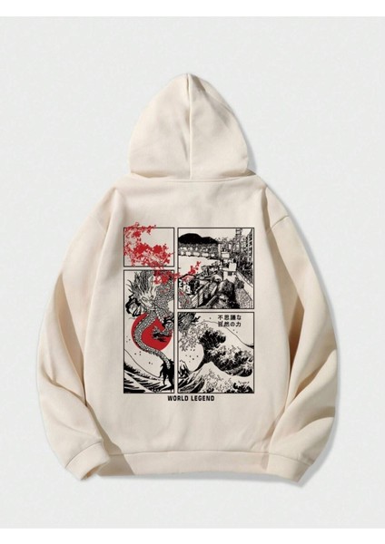 Bej World Legend Baskılı Oversize Kapüşonlu Erkek Sweatshirt
