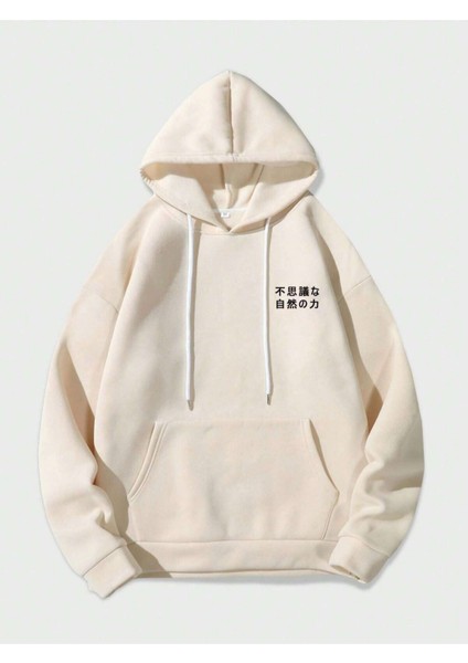 Bej World Legend Baskılı Oversize Kapüşonlu Erkek Sweatshirt