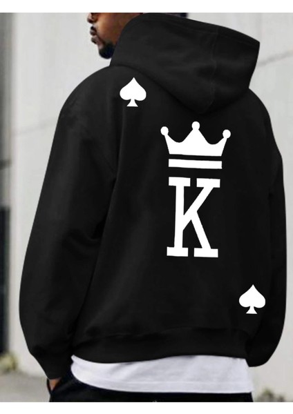 Siyah Maça Papaz Baskılı Oversize Kapüşonlu Erkek Sweatshirt