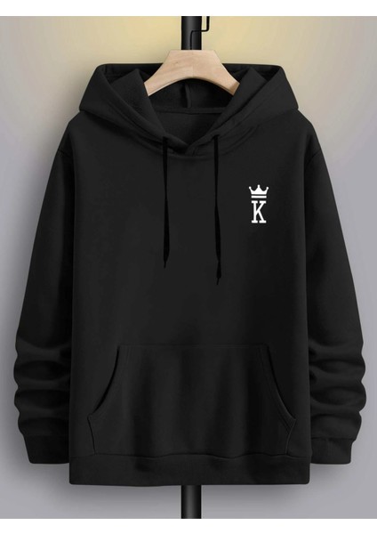 Siyah Maça Papaz Baskılı Oversize Kapüşonlu Erkek Sweatshirt