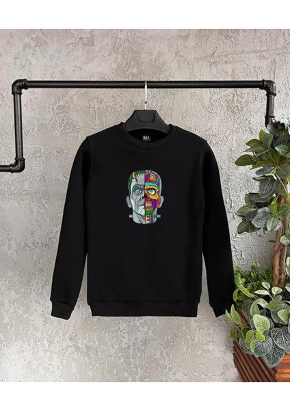 Siyah Frankestein Baskılı Oversize Bisiklet Yaka Erkek Sweatshirt