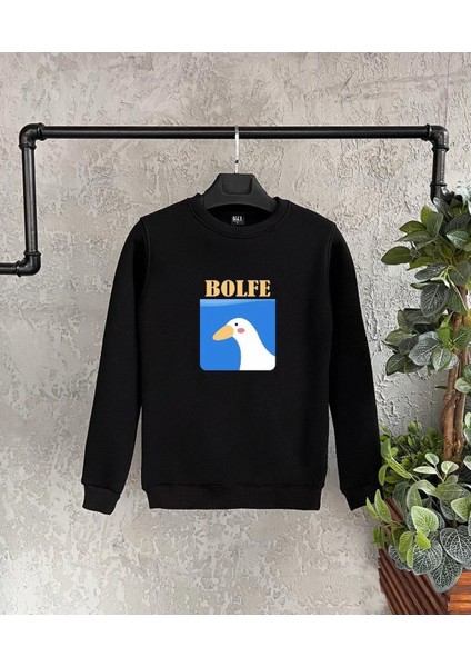 Siyah Bolfe Baskılı Oversize Bisiklet Yaka Erkek Sweatshirt