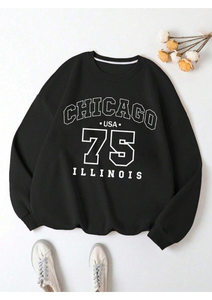 Siyah Illinois 75 Baskılı Oversize Bisiklet Yaka Erkek Sweatshirt