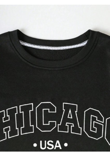 Siyah Illinois 75 Baskılı Oversize Bisiklet Yaka Erkek Sweatshirt modelleri