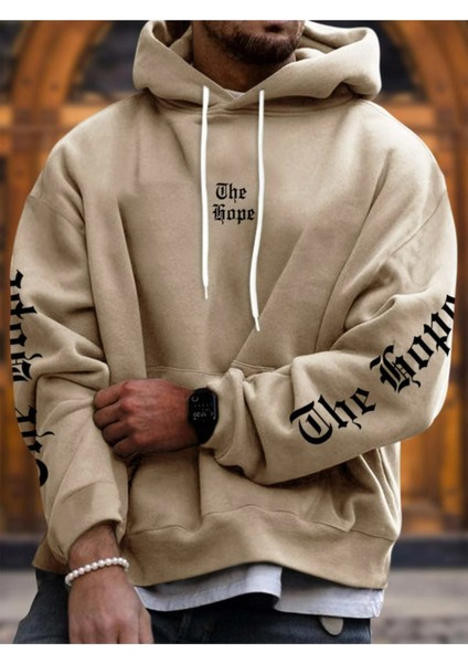 Bej The Hope Baskılı Oversize Kapüşonlu Erkek Sweatshirt