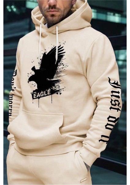 Bej Eagle Baskılı Oversize Kapüşonlu Erkek Sweatshirt