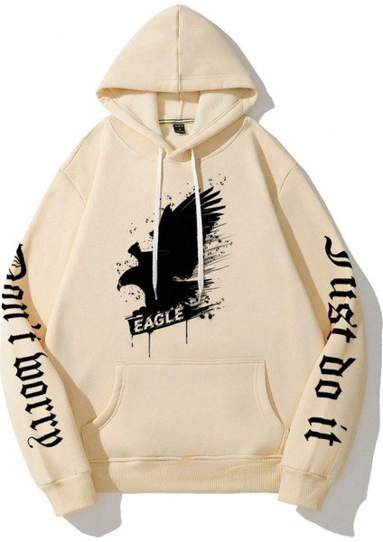 Bej Eagle Baskılı Oversize Kapüşonlu Erkek Sweatshirt
