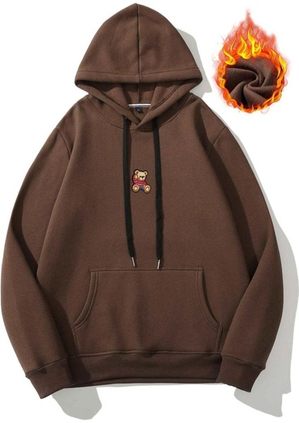 Erkek Kahverengi Mini Ayıcık Baskılı Oversize Kapüşonlu Sweatshirt