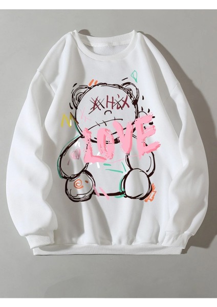 Unisex Beyaz Love Bisiklet Yaka Baskılı Oversize Sweatshirt