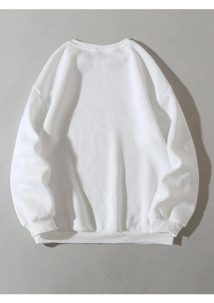 Unisex Beyaz Love Bisiklet Yaka Baskılı Oversize Sweatshirt modelleri