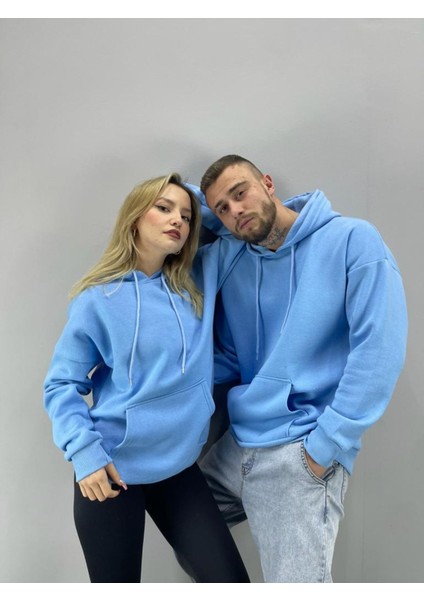 Mavi Mee To Baskılı Sweatshirt Sevgili Çift Kombini İkili Set