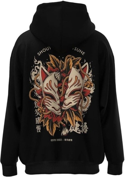 Siyah Shout Maske Baskılı Oversize Erkek Bisiklet Yaka Sweatshirt