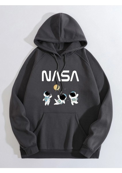 Antrasit 3 Astronot Nasa Baskılı Oversize Kapüşonlu Erkek Sweatshirt