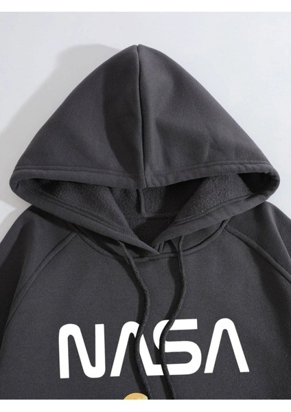 Antrasit 3 Astronot Nasa Baskılı Oversize Kapüşonlu Erkek Sweatshirt