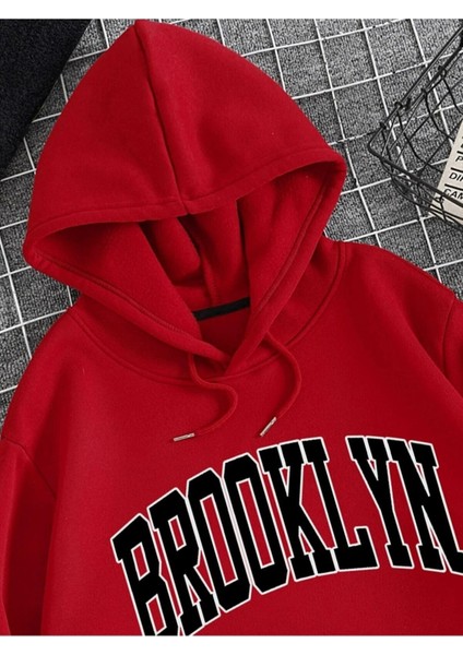 Kırmızı Brooklyn Oval Yazı Baskılı Oversize Kapüşonlu Erkek Sweatshirt modelleri
