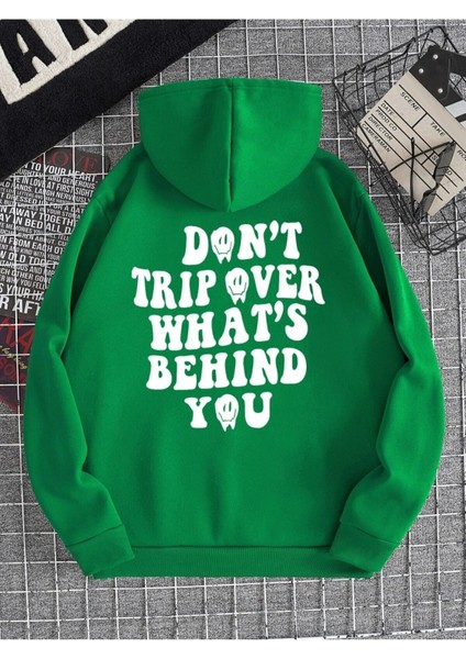 Yeşil Don't Trip Over Baskılı Oversize Kapüşonlu Erkek Sweatshirt