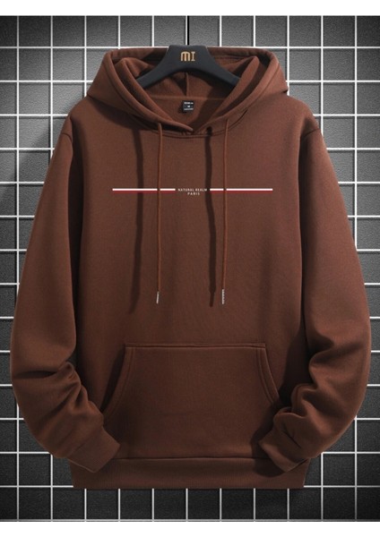 Kahverengi Natural Realm Baskılı Oversize Kapüşonlu Erkek Sweatshirt