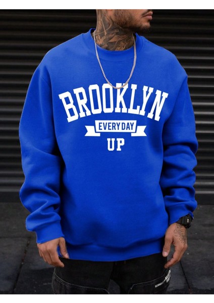 Mavi Brooklyn Baskılı Oversize Bisiklet Yaka Erkek Sweatshirt