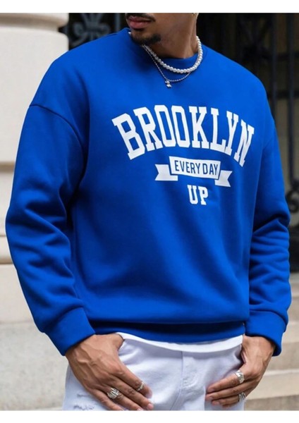 Mavi Brooklyn Baskılı Oversize Bisiklet Yaka Erkek Sweatshirt