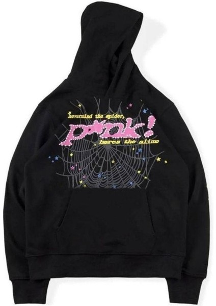 Unısex Siyah Spıder Pink World Wild Baskılı Oversize Kapüşonlu Sweatshirt